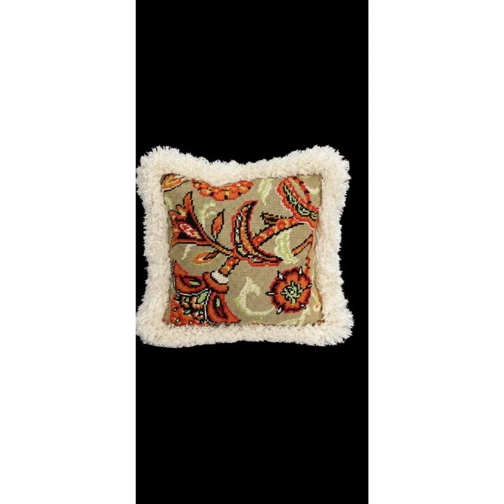 Grandma Chic Needlepoint 70’s Pillow With Orange Velvet Backing